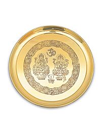 Messing Pooja Thali - met reliëf godin Lakshmi & Lord Ganesh