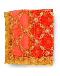 Hindu Puja Chunri - Red Net with Golden Multi-petal Flowers & Leaves