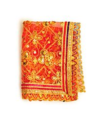 Red Net Puja Chunari with Golden Floral Embroidery & Decorative Border

