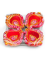 Decoratieve Diya Set – Rood & Goud (4 stuks)