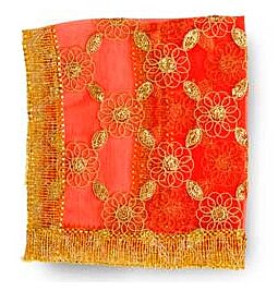 Hindu Puja Chunri - Red Net with Golden Multi-petal Flowers & Leaves