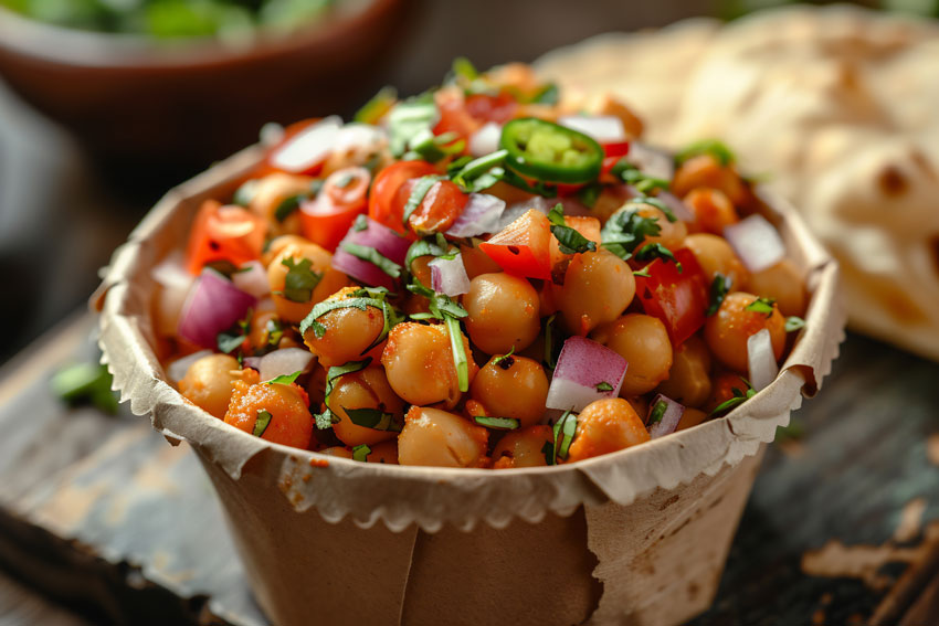 Fresh chana chaat with chickpeas, onions, tomatoes and coriander