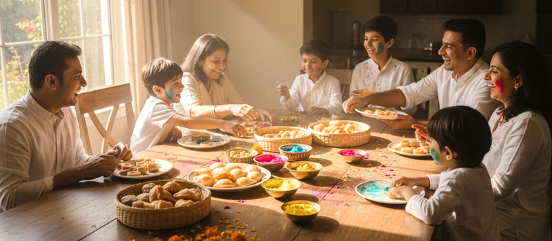 Family celebrating Holi at home in Europe with festive sweets and colour bowls on the table
