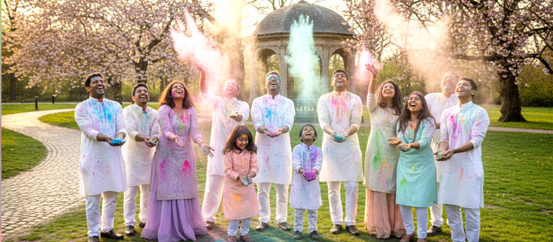 Phagwa celebration in a European park with families joyfully throwing colour powder in spring sunlight