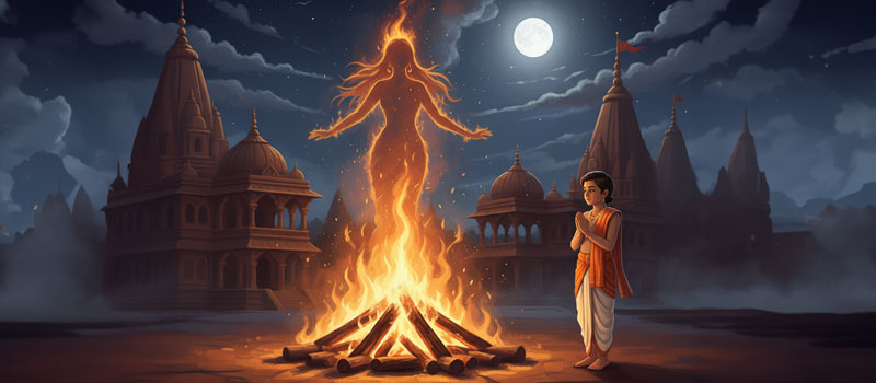 Holika Dahan ceremonial bonfire at night symbolising renewal and the burning away of negativity