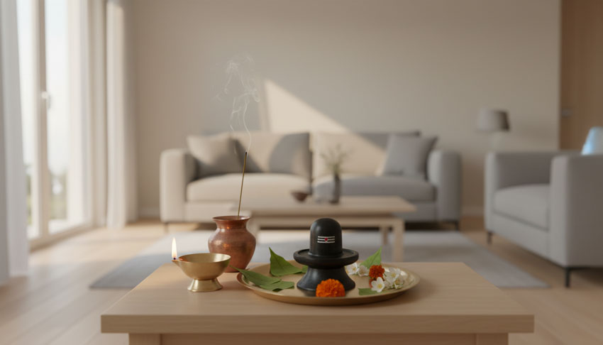 Shiva Puja altar with Shiva Lingam and bilva leaves in a minimalist European home setting.