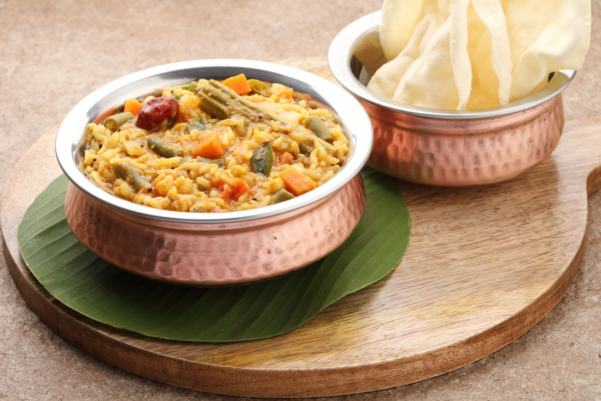 Sambar Rice prepared with medium grain rice and lentils served warm