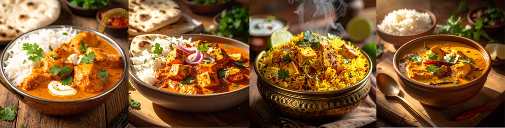 Vier Indiase curry gerechten – Butter Chicken, Paneer Tikka Masala, pittige kokoscurry en biryani – uit de Chokhi Dhani curry sauzen en kits collectie.